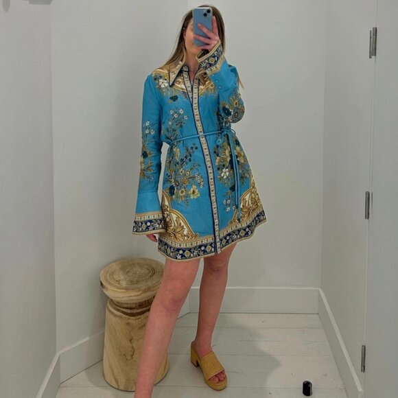 Alemais Women's Cassie Floral Flax Blue Floral-Print Belted Mini Dress - Picture 3 of 11